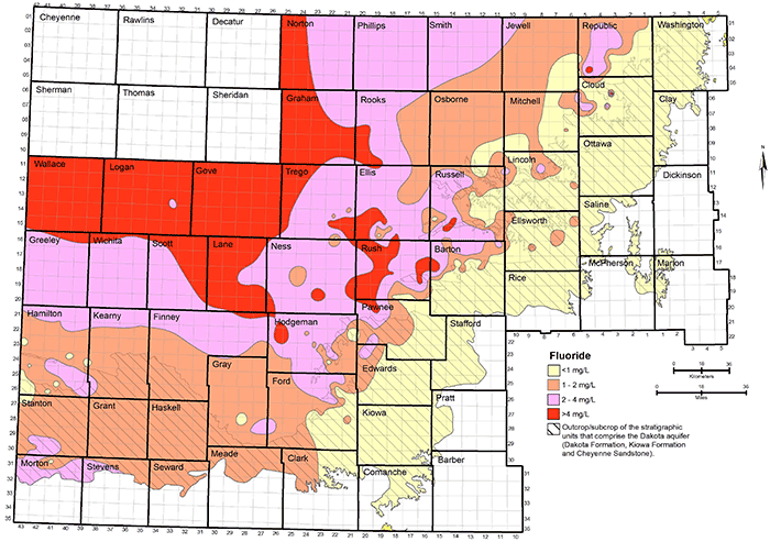 Distribution of fluoride concentration in groundwaters in the Dakota aquifer.