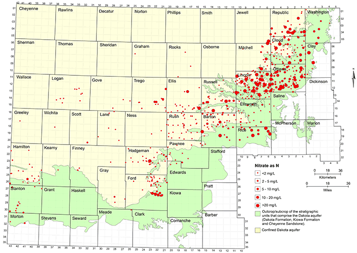 Nitrate concentration in groundwaters at well locations in the Dakota aquifer. 