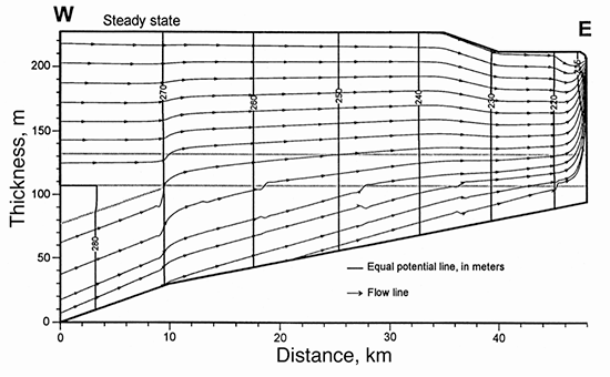 Flow field for the steady-state simulation by the 2-D coupled profile model.