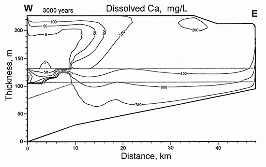 Distribution of dissolved calcium concentration for a 3,000-year simulation by the 2-D coupled profile model.