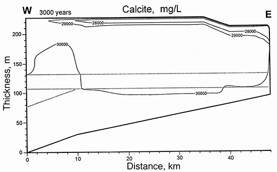 Calcite dissolution for a 3,000-year simulation by the 2-D coupled profile model.