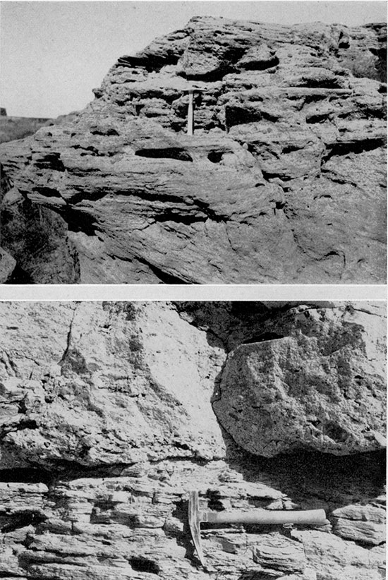 Black and white photos; upper is of mortar beds of the Ogallala formation west of Dodge City, lower is of basal Ogallala deposits on top of Dakota near Bear Creek in Stanton County.