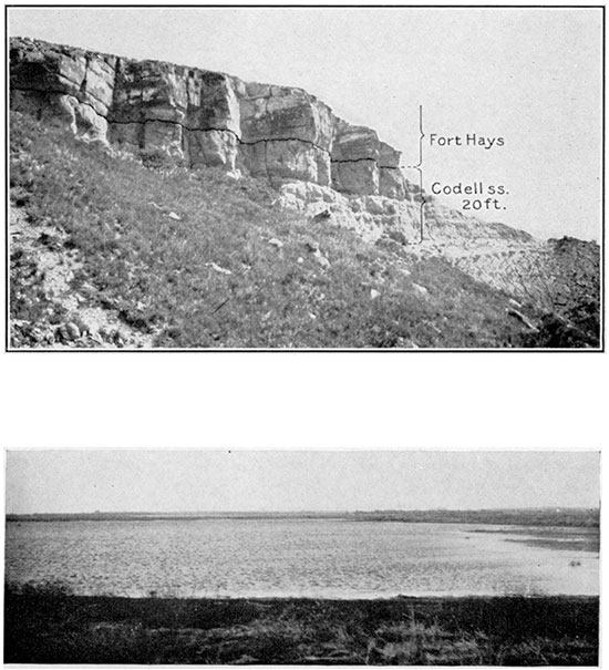 Black and white photos; upper is of basal Niobrara formation in Ellis County, lower is of salt-water pond in a marshy area near Jamestown, Cloud County.