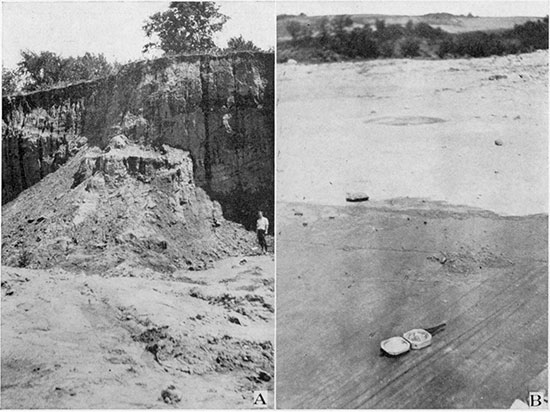 Black and white photos; left is loess of Pleistocene age in Kansas City, right is bedrock exposed by stripping of glacial deposits in a quarry in Wyandotte County.