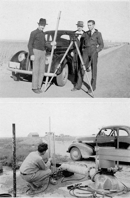 Black and white photos; upper is of surveying crew, lower is of testing flow of water from a well.