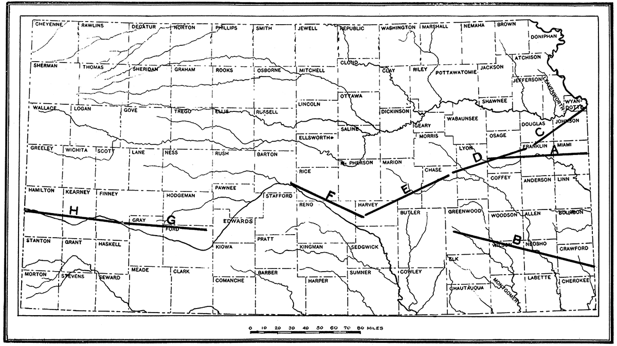 Map showing location of geologic sections A-H, plates XVII-XIX.