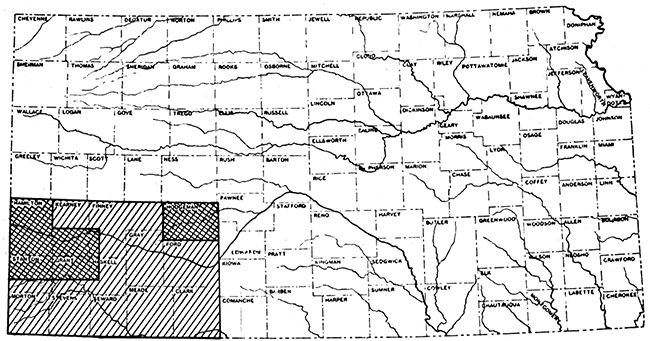 Map of Kansas; this study covers 14 counties in far southwest Kansas.