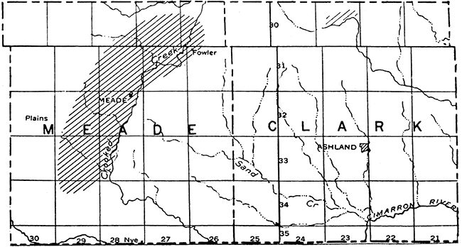 Sketch map showing the outcrop belt of the Rexroad formation and the inferred minimum extent of the formation under cover.