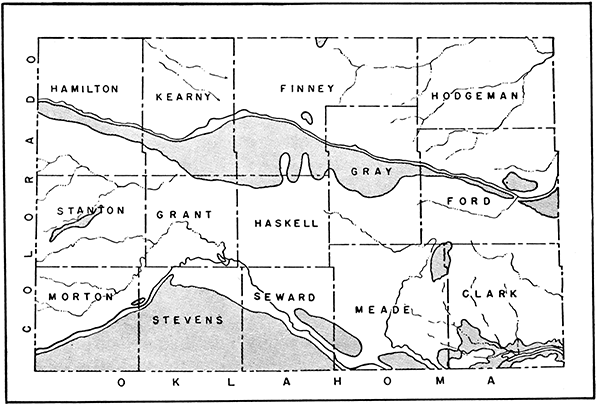 Sketch map of dune-sand areas in southwestern Kansas.