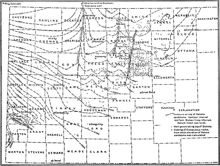 Reconnaissance structural contour map on the top of the Dakota sandstone in western Kansas.