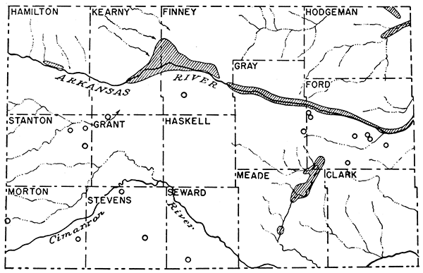 Map showing areas irrigated by pumping. The circles indicate isolated deep-well irrigation projects, as of 1938.