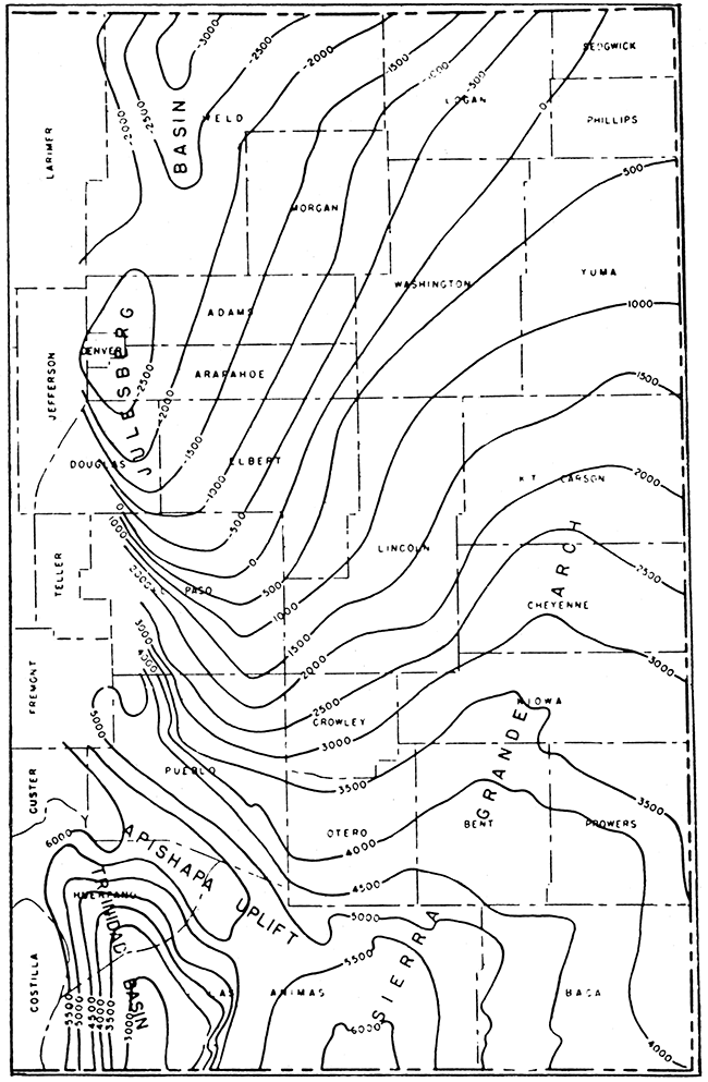 Structural contour map on the top of the Dakota sandstone in eastern Colorado, by F. M. Van Tuyl, B. H. Parker, and W. H. Fenwick. Contour interval 500 feet.