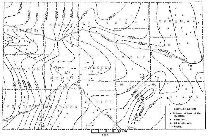 Preliminary contour map of the base of the Tertiary formations in southwestern Kansas.