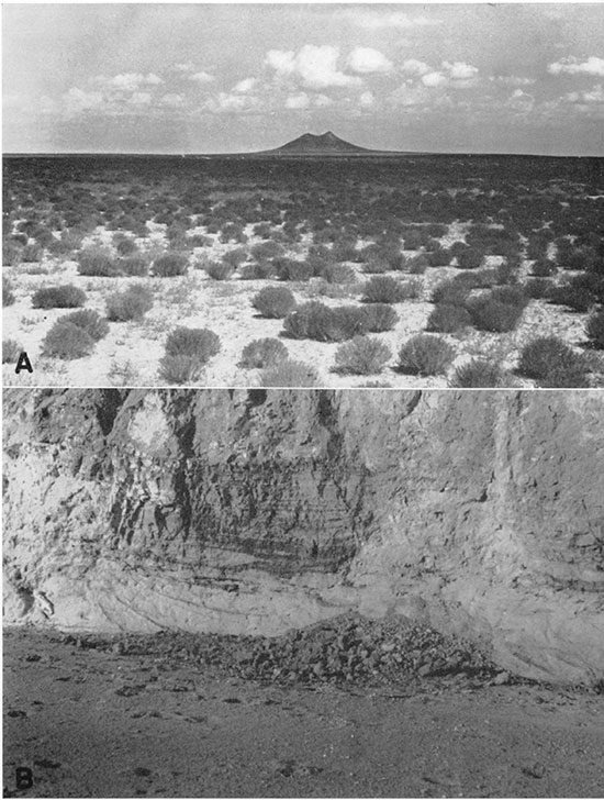 Two black and white photos; top is of Two Buttes, Prowers County, southeastern Colorado; bottom is Rexroad beds southwest of Meade.