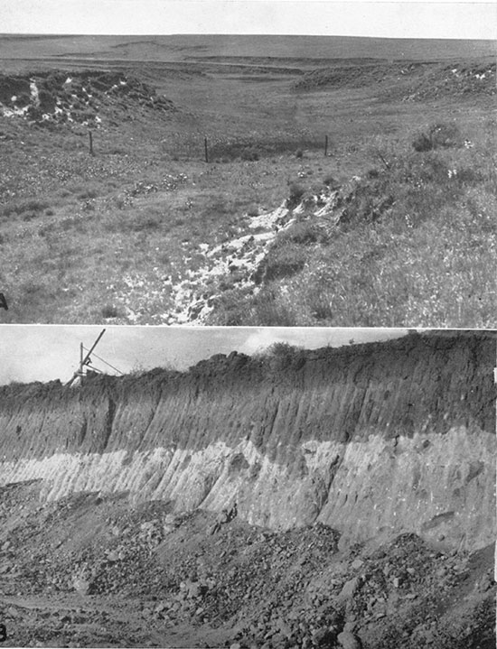 Two black and white photos; top is typical topographic expression on thick loess deposits; bottom is loess overlying volcanic ash in large pit 6 miles north of Meade.