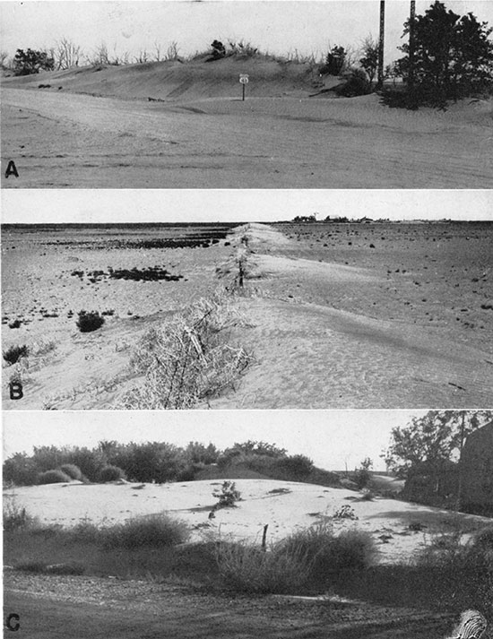 Three black and white photos of dunes; top is hedgerow dune about 2 miles cast of Johnson, July, 1938; middle is fence-line dune 2 miles north of Feterita in Stevens County, August, 1937; bottom is sand drift in farm yard about 4 miles north of Elkhart, August, 1937.