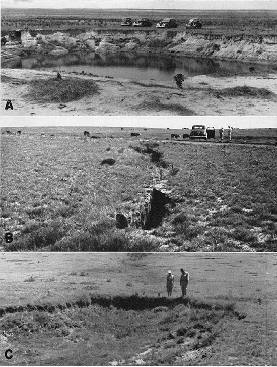 Three black and white photos; top is sink hole 11 miles south of Coolidge, 1939; middle is solution-and-collapse crack across road about 6 miles north of Ashland, 1938; bottom is characteristic features at the head of a draw, in northern Clark County.