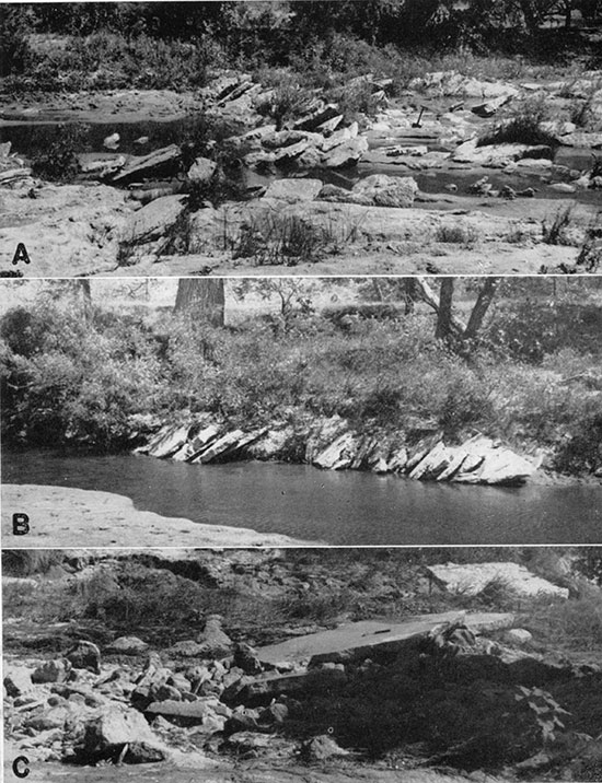 Three black and white photos; top is imbricate blocks in channel of Bluff creek.; middle is imbricate blocks in the bank along Bluff creek.; bottom is concrete slabs carried downstream by abnormal overflow waters after the breakup of the spillway of the dam at Meade County State Lake.