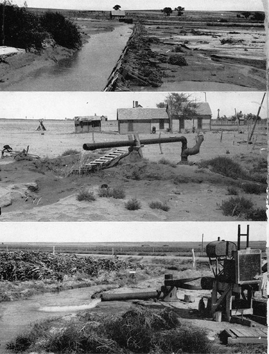 Three black and white photos; top is diversion dam along Arkansas river a short distance west of Hartland; middle is old artesian well at Richfield; bottom is pumping plant on the Clark farm, on the south side of the Arkansas valley a short distance west of Dodge City.