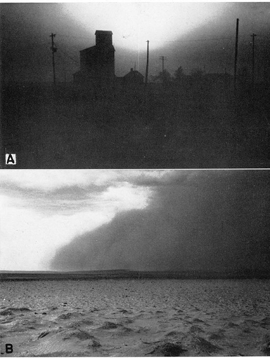 Two black and white photos; top is of dust storm at Wilburton, in Morton County, August, 1937; bottom is dust storm southwest of Satanta, July, 1937.