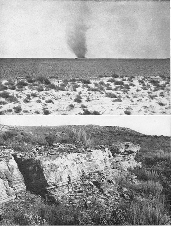 Two black and white photos; top is of dust whirl; bottom is Lower Pliocene (?) beds of southeastern Seward County.