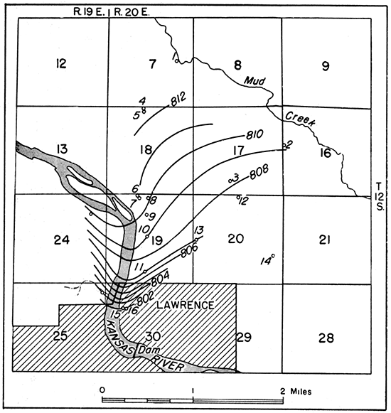 Map of Lawrence and vicinity showing locations of water wells for which records are given.