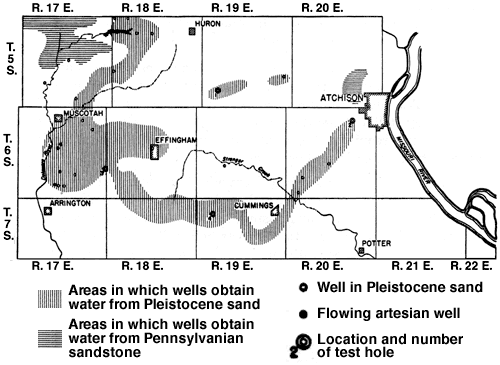 Zone of Pleistocene sand goes from Atchison SW to Cummings, west to Effingham, and north past Muscotah to border; Pennsylvanian SS in NW and in areas west of Atchison.