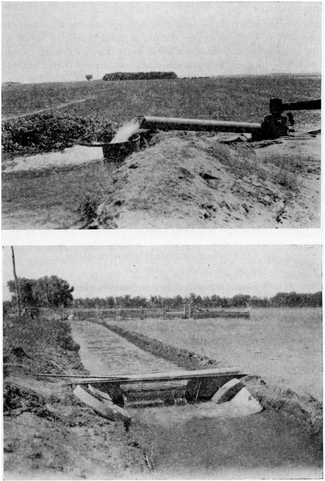 Black and white photos: upper is pumping water for irrigation in the Meade artesian basin; lower is measuring the flow of water obtained from shallow irrigation wells in the Arkansas valley near Dodge City.
