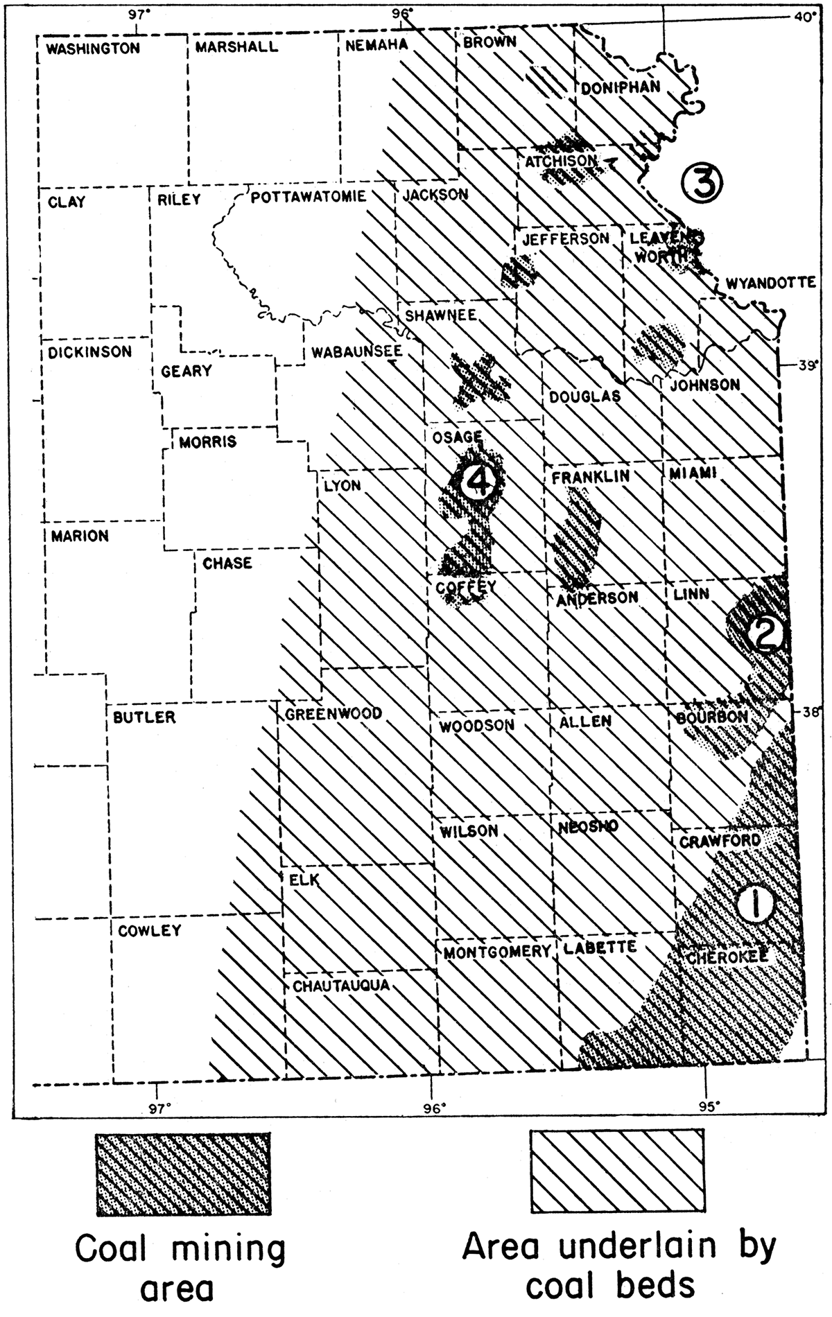 Map of eastern Kansas showing location of principal coal-mining areas and of region underlain by more or less continuous coal beds.