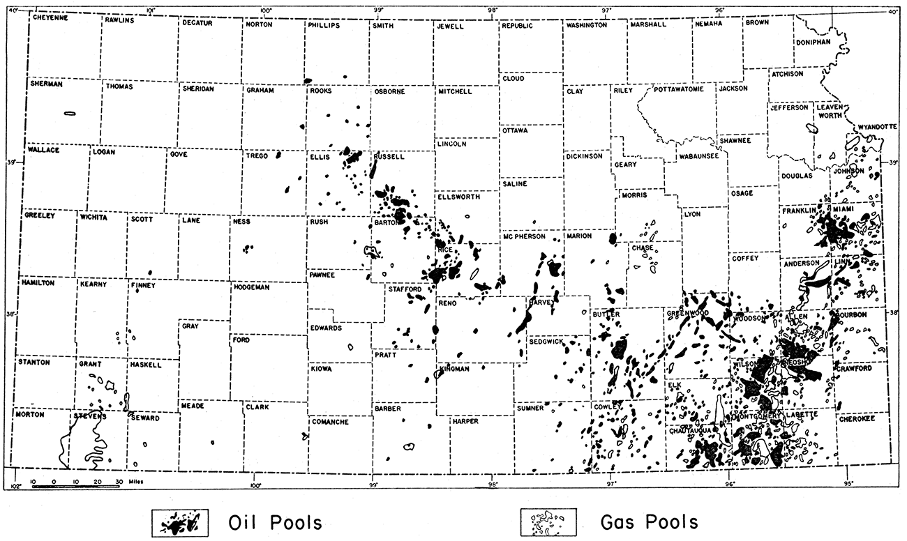 Map of Kansas showing location of oil and gas fields.