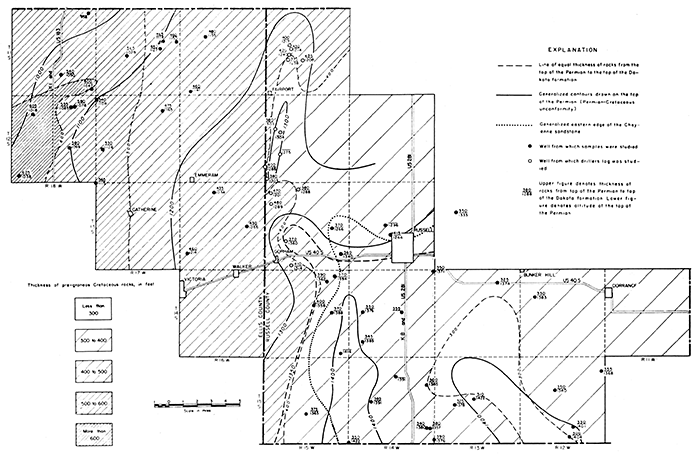 Map of parts of Ellis and Russell counties, Kansas, showing changes in thickness of pre-Graneros Cretaceous rocks.