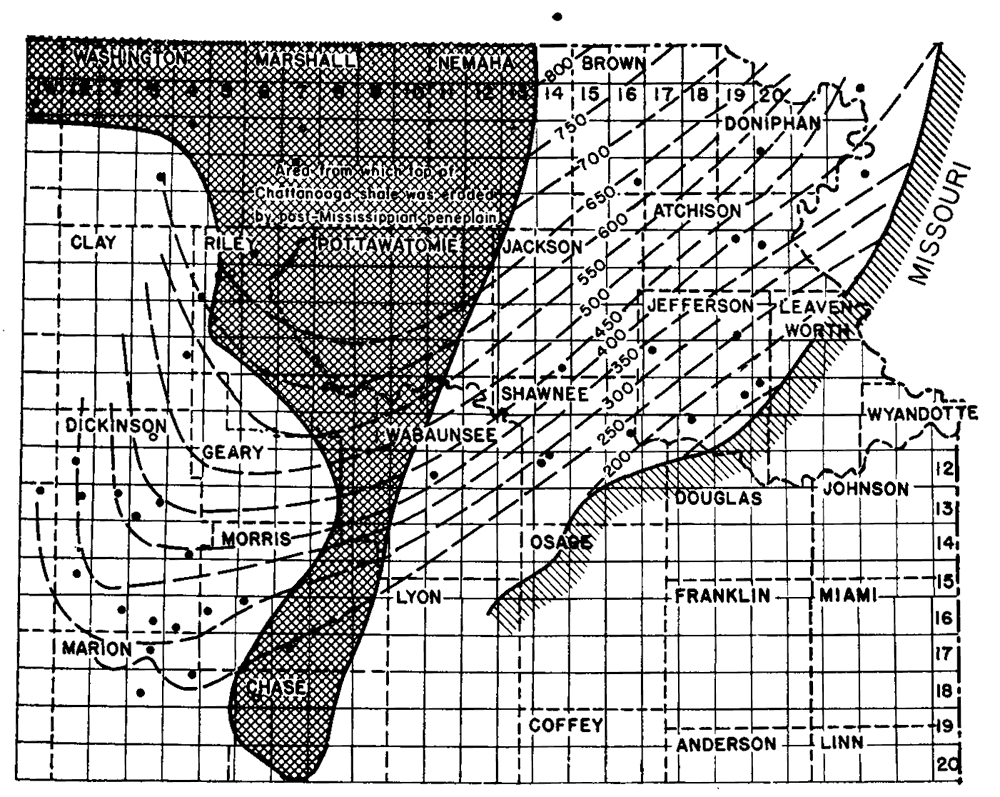 Thins to south-southeast (800 in Brown, 200 in Shawnee, Jefferson; 250 in Morris and Marion; missing in zone west of Nemaha uplift