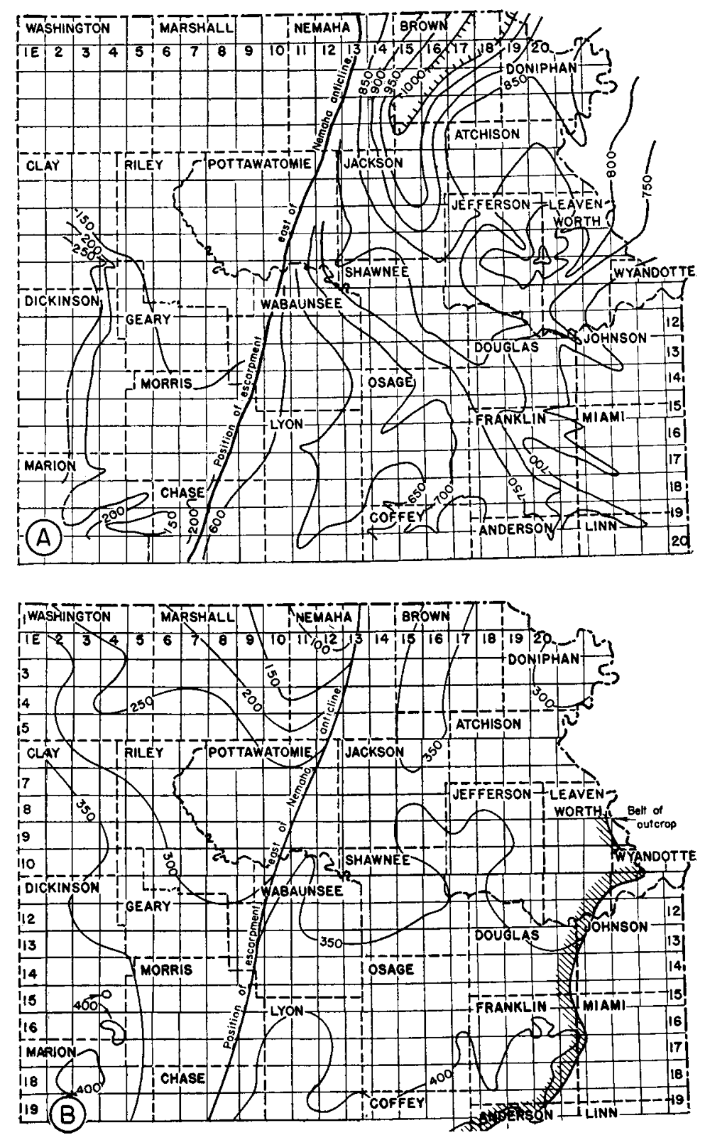 Two contour maps, northeast Kansas.