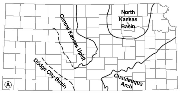 Dodge City Basin in SW KS; Central Kansas Uplift to NW from Rice, Reno, and Stafford; Chautauqua Arch in SE Kansas; North Kansas Basin in NE Kansas