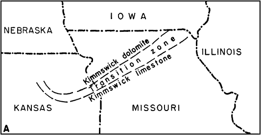 Tranistion zone between Kimswick dolomite and limestone runs from central Kansas through Missouri to southeast Iowa