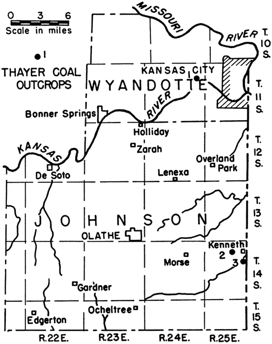 One outcrop on Kansas River west of Kansas City; two outcrops near Kenneth in east-central Johnson County.
