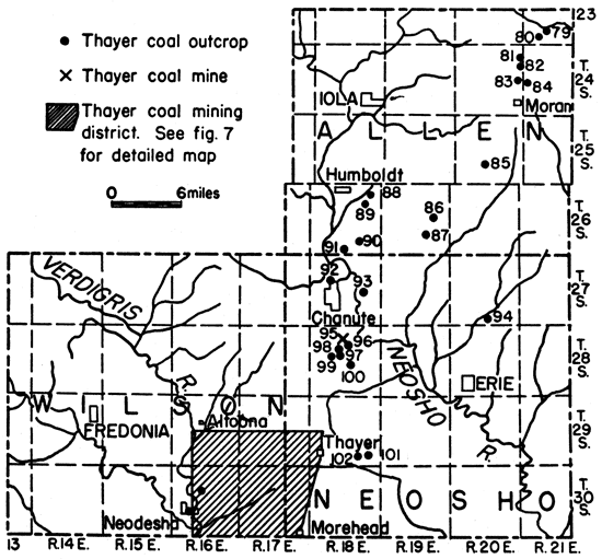 Coal outcrops and mines stretch from SE Wilson to NW Neosho to east-central Allen.