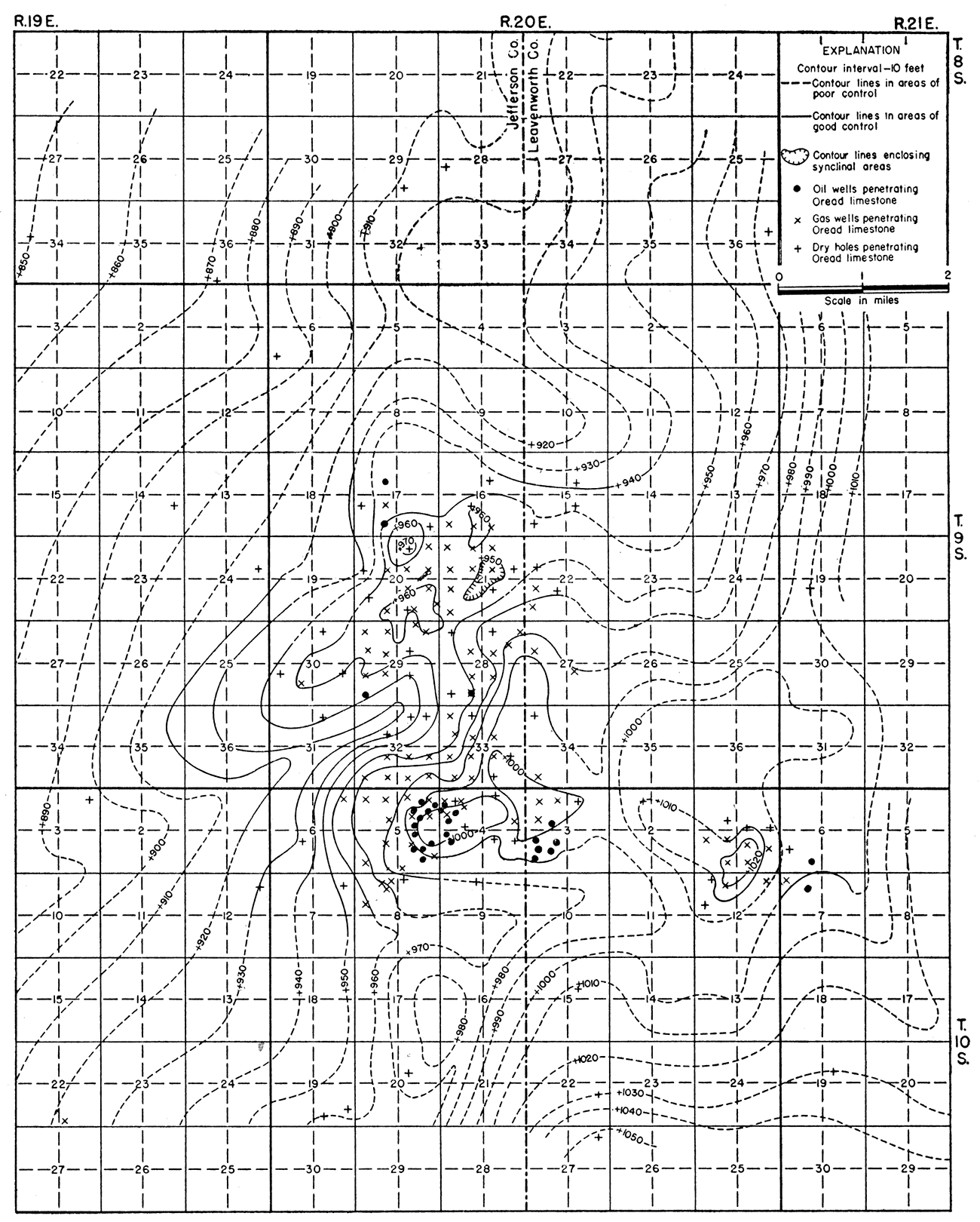 Map showing the structure of the McLouth field contoured on the top of the Oread limestone.