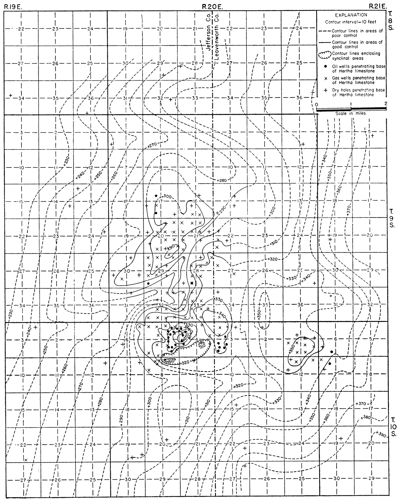 Map showing the structure of the McLouth field contoured on the base of the Hertha limestone.