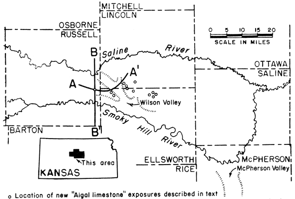 Cross section A runs from east-central Russell to SW Lincoln through NW Ellsworth; section b runs N-S in eastern Russell; limestone localities in northern Ellsworth and southern Lincoln.