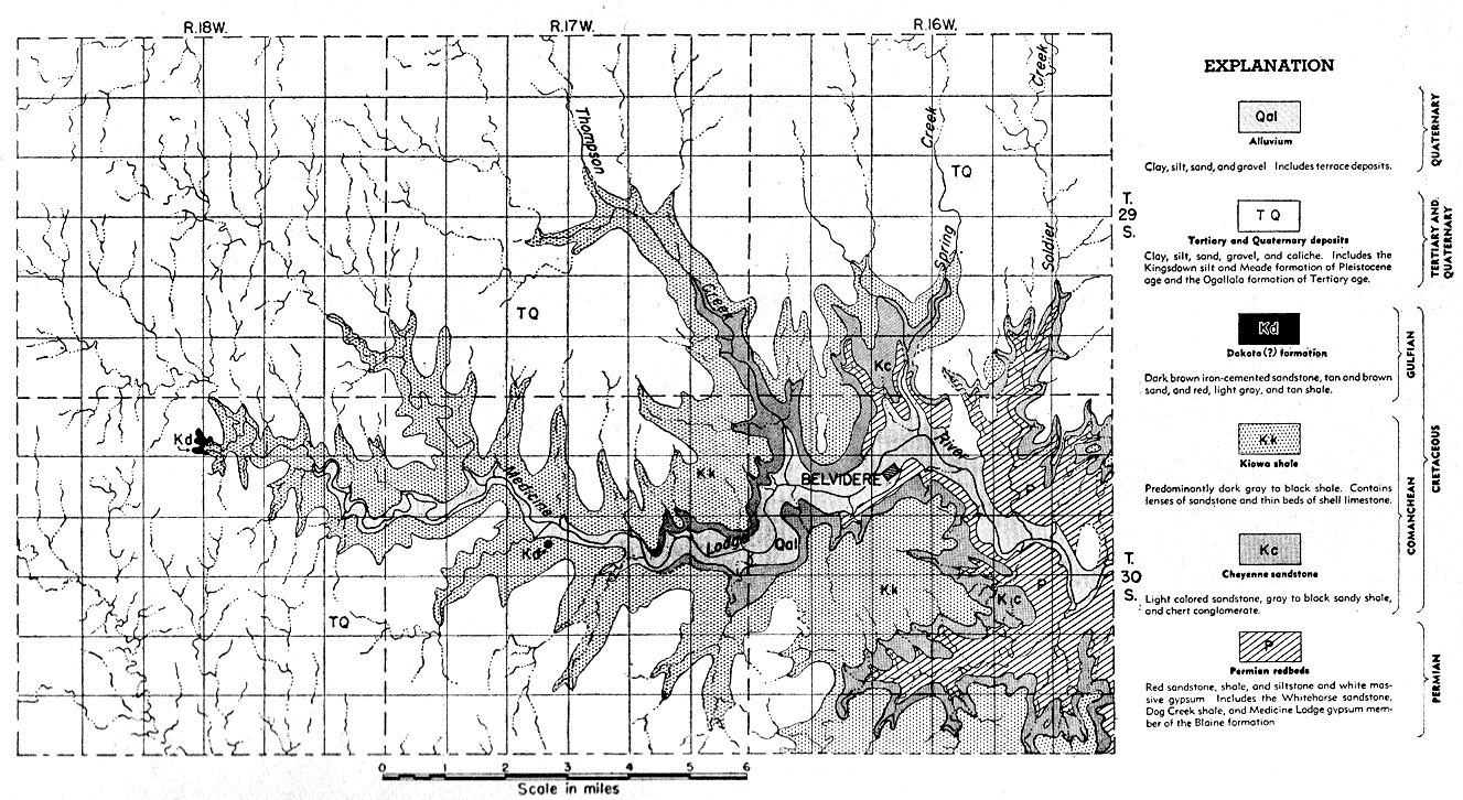 Geologic map. Dakota noted at start of Medicine Lodge River; Permian Redbeds at east edge of river on map; between are Cheyenne ss and Kiowa shale.