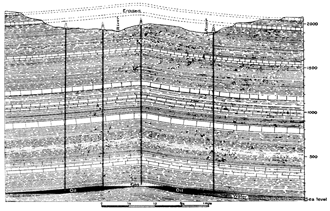 Cross section showing wells intersecting oil and gas pools.