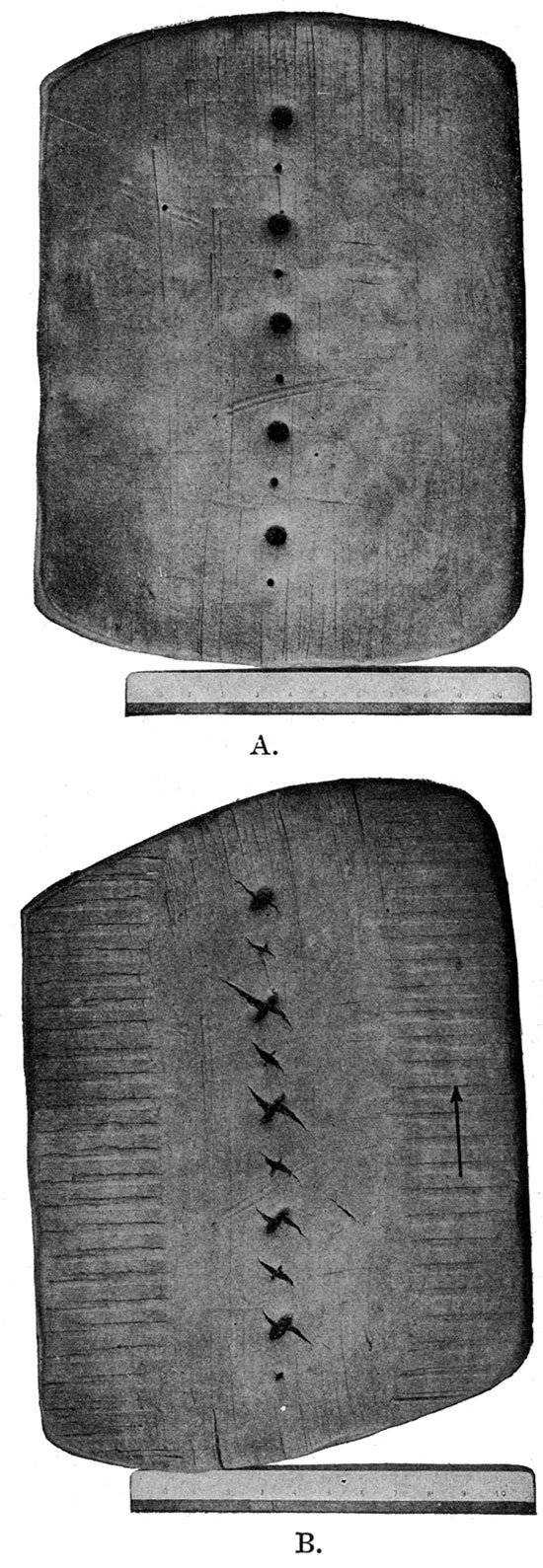 Clay model showing en echelon fractures. A flat mass of modeling clay pierced by several conical holes, before and after being deformed.