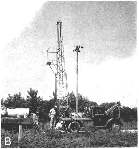 Black and white photo of portable drilling machine owned by the State Geological Survey, used in drilling test holes in Cloud and Republic counties.