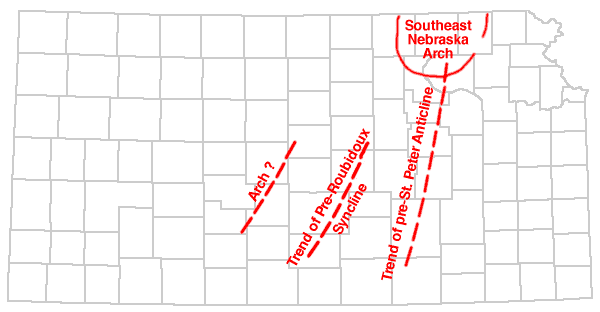 SE Nebraska arch starts in Riley and Pottawatomie and goes north; pre-St. Peter anticline heads south fromn there; Pre-Roubidoux syncline and an unnamed arch are to west, heading just east of North.