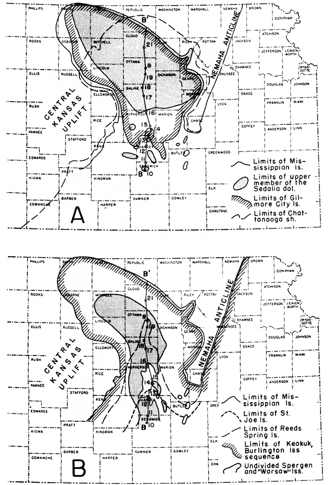 Upper member of Sedalia dolomite ranges from Geary, Dickinson and Saline cos. to Smith and Jewell; Spergen and Warsaw in narrow band between Central Kansas uplift and Nemaha, Keokuk and Burlington are in larger zone around them.