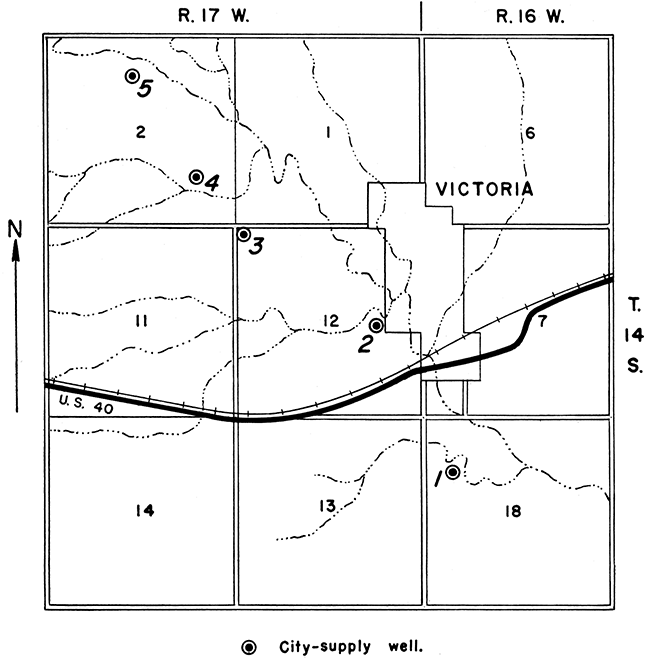 Map showing the locations of the city wells at Victoria, Kansas.