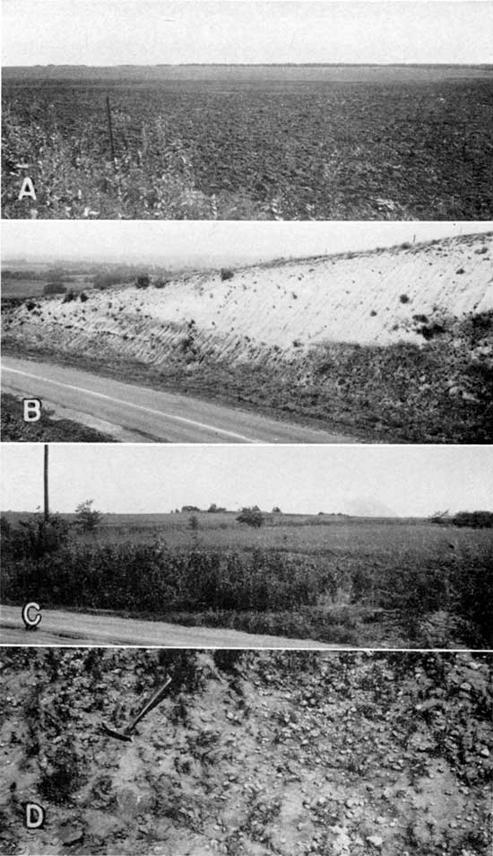 Four black and white photos; plowed field, loess mantled topography; Sanborn Fm above Ogallala Fm in roadcut; gentle hills, loess upland topography; close up of caliche nodules in Loveland soil.