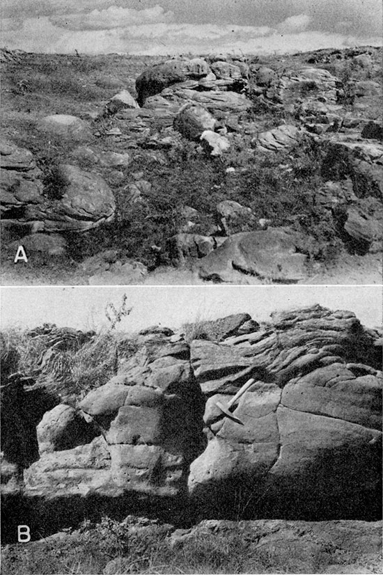 Two black and white photos; top is calcareous sandstone concretions weathered from Windom member of the Kiowa shale; bottom is iron-cemented zone near the top of Marquette member of the Kiowa shale.