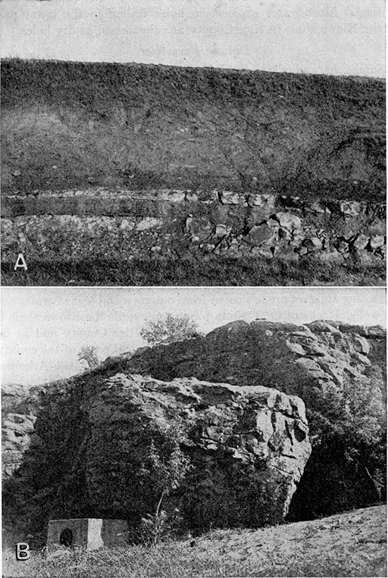 Two black and white photos; top is contact between Permian rocks and overlying Kiowa shale; bottom is Marquette sandstone member of the Kiowa shale.